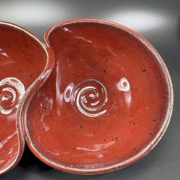 Vintage Hand Made Studio Art Pottery Divided Dish Double Salsa Bowl Chip N Dip - Picture 9 of 16